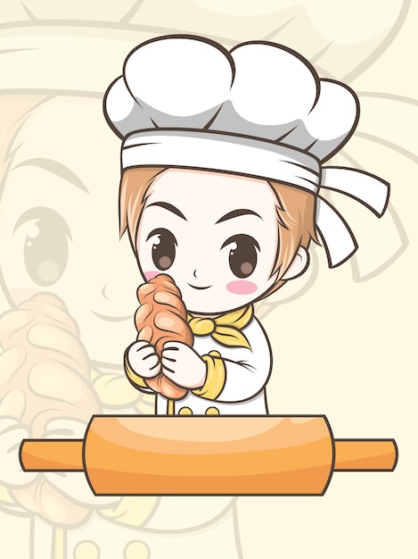 パンを持っているかわいいパン屋のシェフの男の子 漫画のキャラクターとロゴのイラスト プレミアムベクター