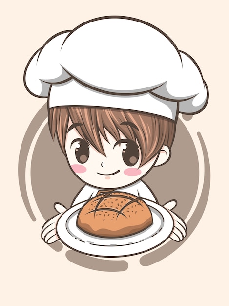 サワー種のパン 漫画のキャラクターとロゴのイラストを保持しているかわいいベーカリーシェフ少年 プレミアムベクター