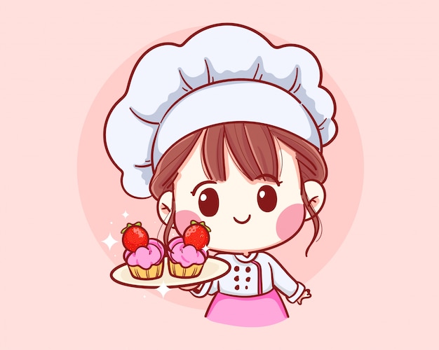 Cute bakery chef boy holding strawberry cake smiling cartoon art ...