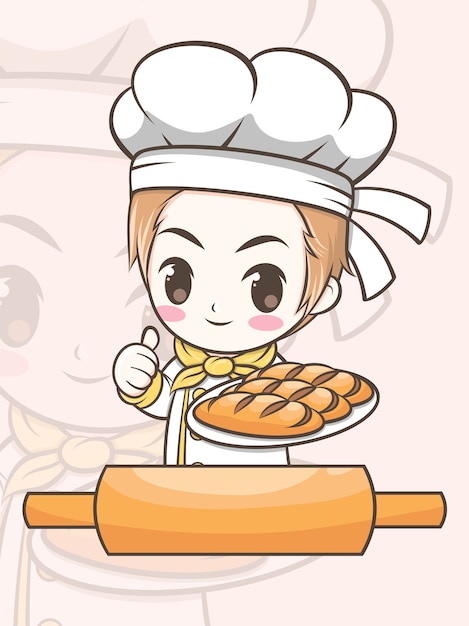 パンを提示するかわいいパン屋のシェフの男の子 漫画のキャラクターとロゴのイラスト プレミアムベクター
