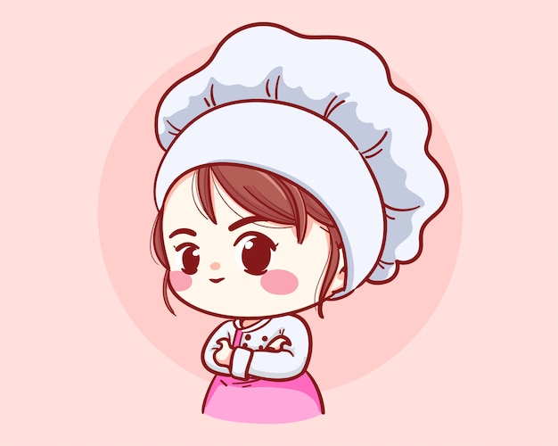 Cute bakery chef girl arms crossed smiling cartoon art illustration ...