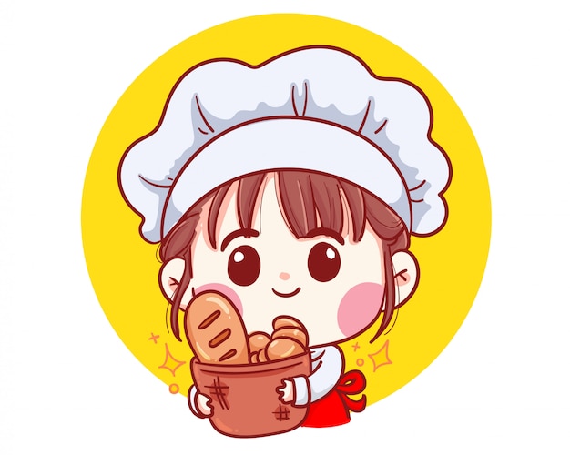 Premium Vector | Cute bakery chef girl carrying bread smiling cartoon ...