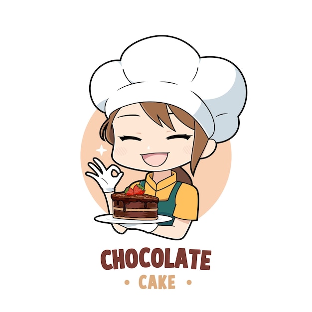 チョコレートケーキのマスコットのロゴのキャラクターを保持しているかわいいパン屋のシェフの女の子の漫画 プレミアムベクター