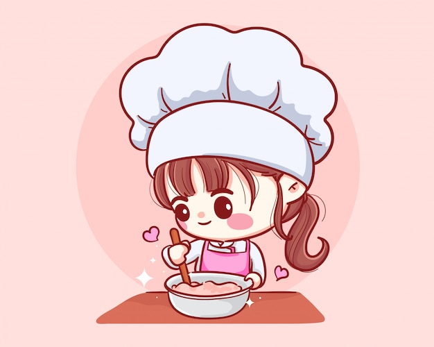 Cartoon Illustration Logos Digital Art Collectibles Jan Takayama Com   Cute Bakery Chef Girl Cooking Smiling Cartoon Art Illustration Logo 56104 49 