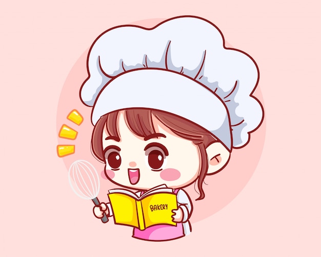 Cute bakery chef girl cooking working in restaurant with recipe book ...