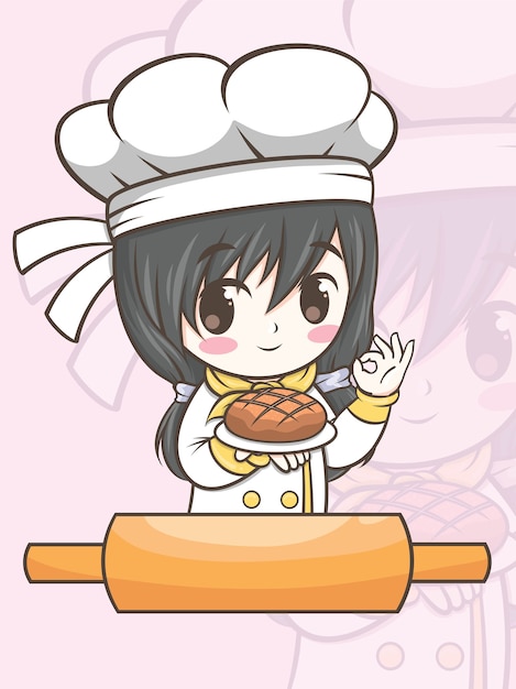 パンを持っているかわいいパン屋のシェフの女の子 漫画のキャラクターとロゴのイラスト プレミアムベクター