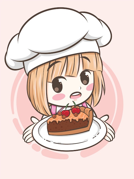 チョコレートパイケーキ 漫画のキャラクターとロゴのイラストを保持しているかわいいベーカリーシェフの女の子 プレミアムベクター