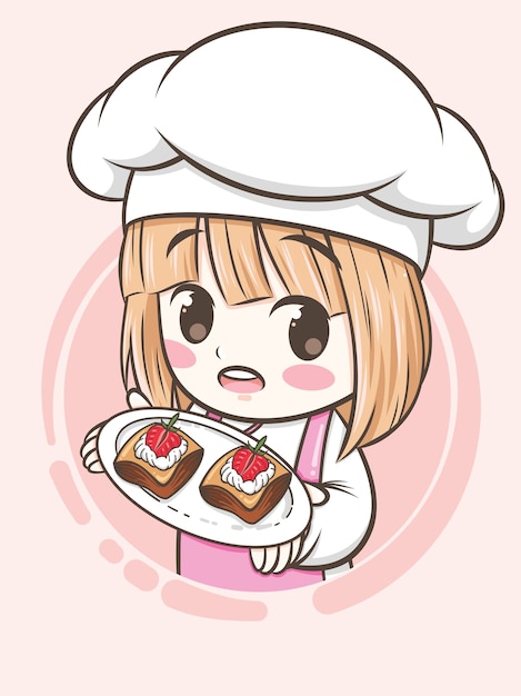 イチゴのケーキ 漫画のキャラクターとロゴのイラストを保持しているかわいいベーカリーシェフの女の子 プレミアムベクター