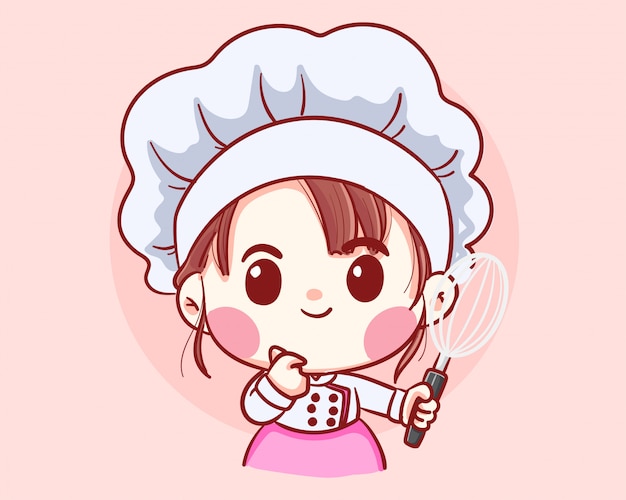 Premium Vector | Cute bakery chef girl holding whisk cartoon art ...