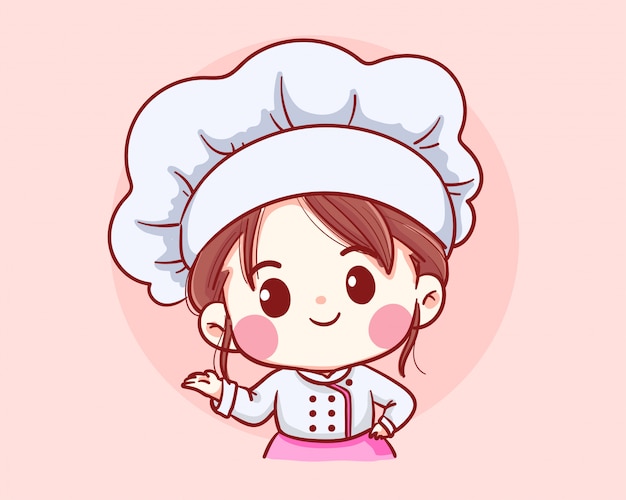 Premium Vector | Cute bakery chef girl welcome smiling cartoon art ...