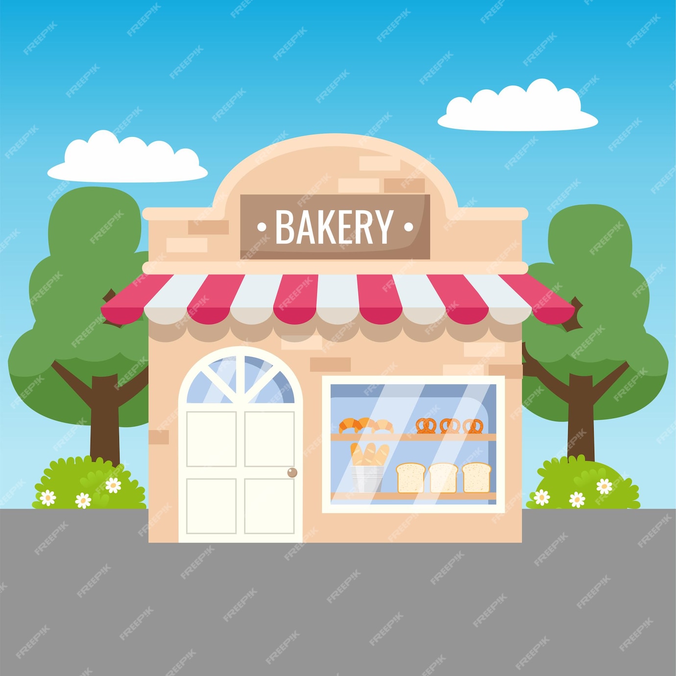 Premium Vector | Cute bakery store front view flat vector cartoon design