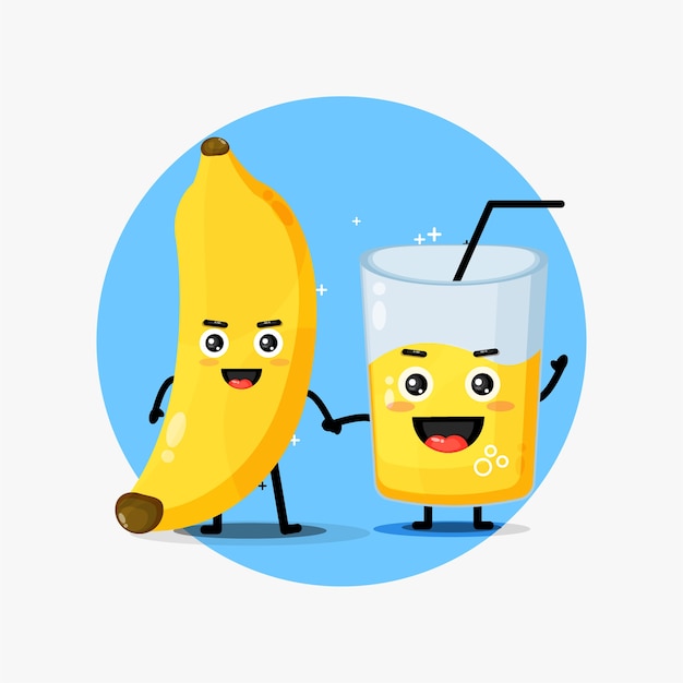 手を繋いでいるかわいいバナナとバナナジュースマスコット プレミアムベクター