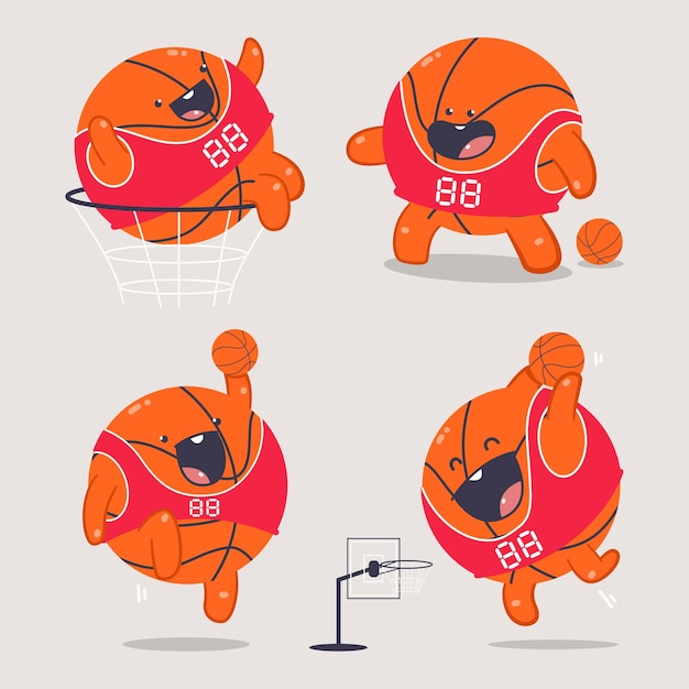 かわいいバスケットボールのボールの漫画のキャラクターは 背景に分離されて設定します プレミアムベクター