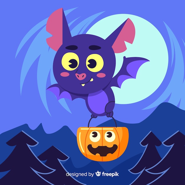 Download Cute bat flying with a pumpkin bag Vector | Free Download