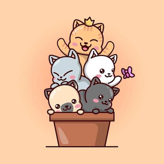 Premium Vector Cute Batch Baby Cats In A Brown Vase Kawaii Illustration