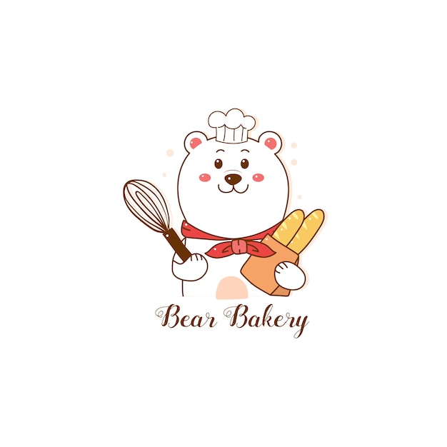 かわいいクマのパン屋さんのロゴかわいい手描き プレミアムベクター