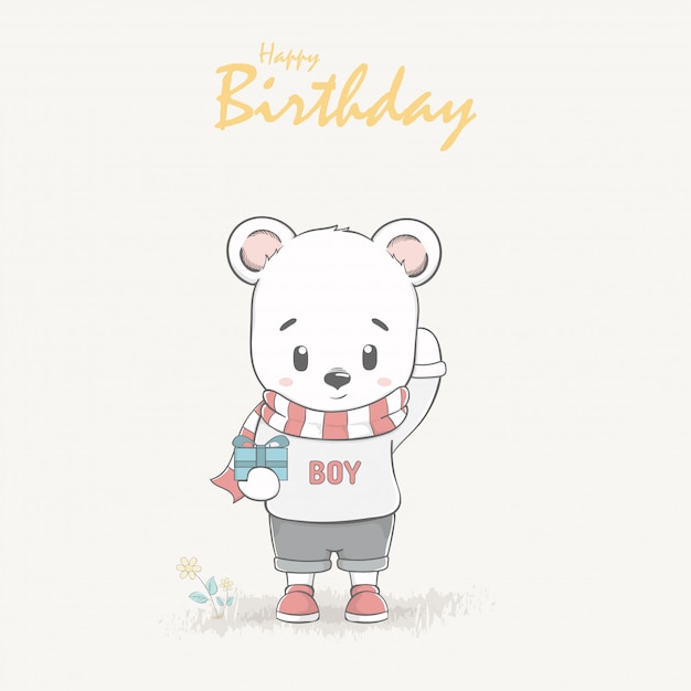 Cute Bear Boy Cartoon Happy Birthday Greeting And Invitation Card