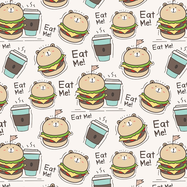 Premium Vector Cute Bear Burger And Coffee Cup Pattern Background