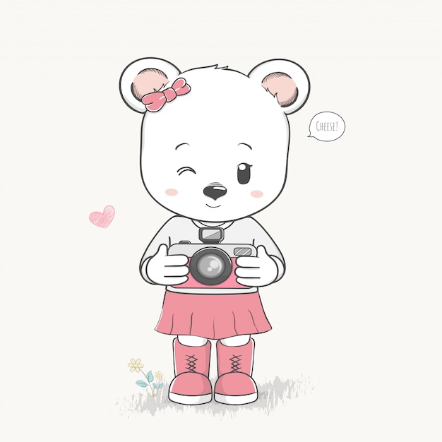 かわいいクマの女の子は写真漫画手描きの背景を取る プレミアムベクター