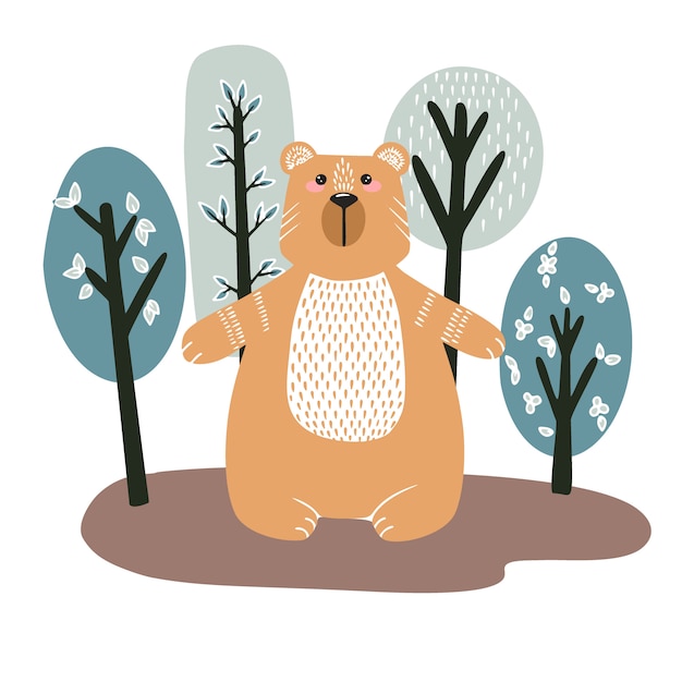 プレミアムベクター 木の背景にかわいいクマ 北欧風の手描きイラスト