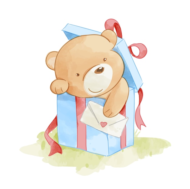 Premium Vector Cute Bear In Present Box Illustration