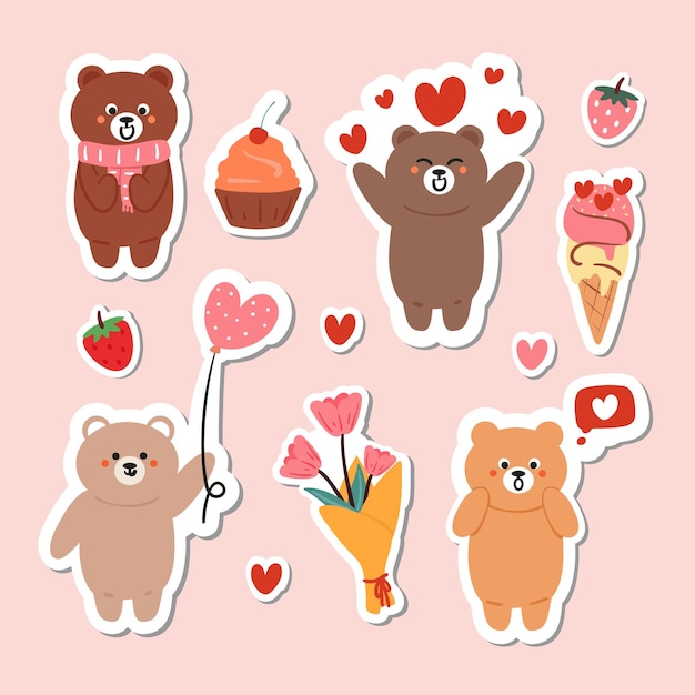 Premium Vector | Cute bear sticker set for valentine