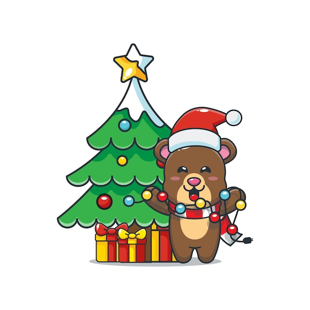 Premium Vector | Cute bear want to fixing christmas light cute ...