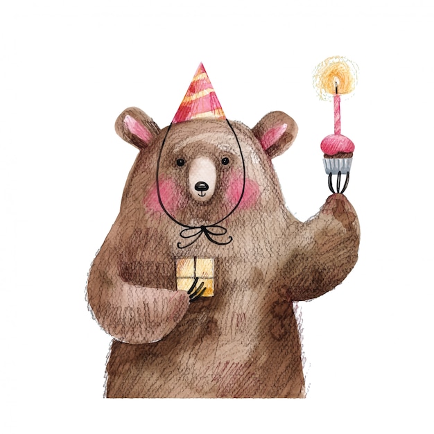 ケーキとお祝い帽子のギフトでかわいいクマさんはお誕生日おめでとうと願っています 白い背景で隔離の手描きイラスト プレミアムベクター