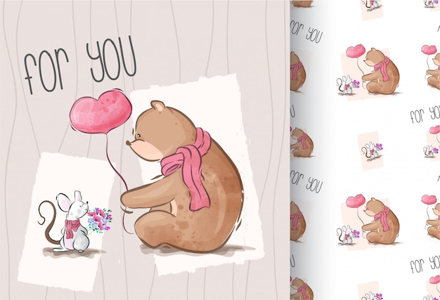 Cute bear with baby mouse cartoon animal seamless pattern Premium Vector