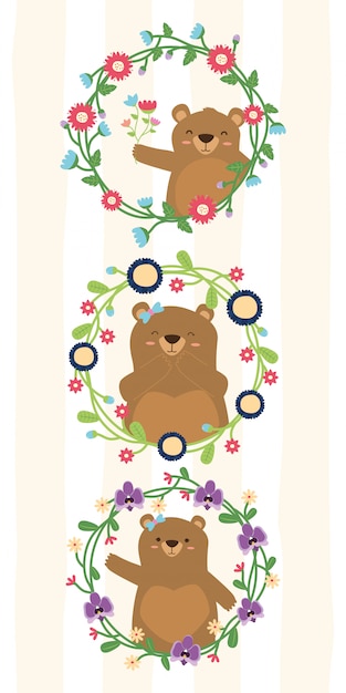 Download Free Vector | Cute bears wreath flower set of bear mom in flowers frames illustration