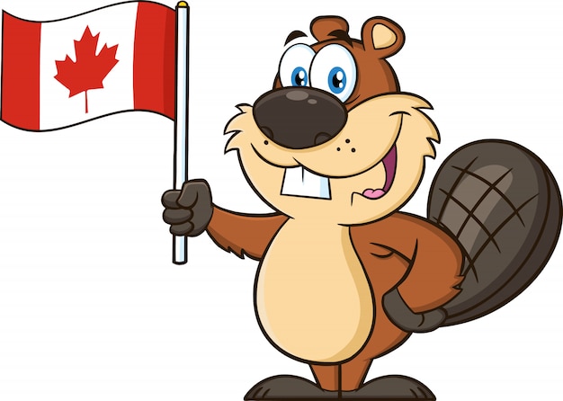 カナダの旗 Illustrationを保持しているかわいいビーバー漫画マスコットキャラクター プレミアムベクター