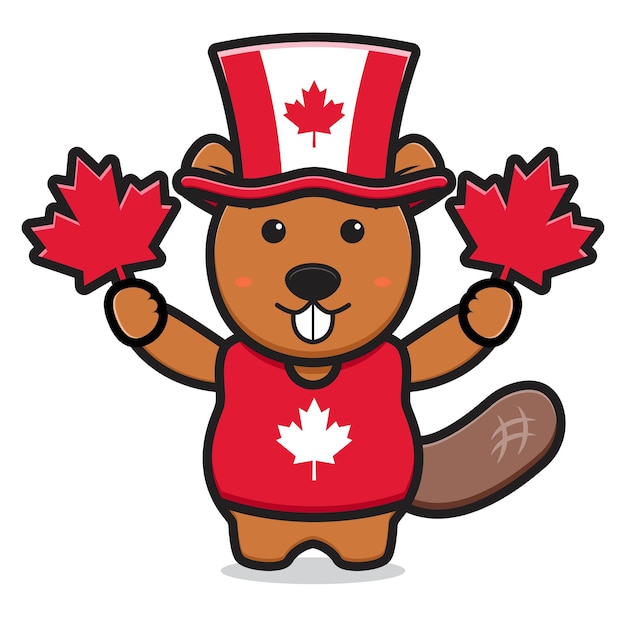 Premium Vector Cute Beaver Character Celebrated Canada Day Cartoon Icon Illustration