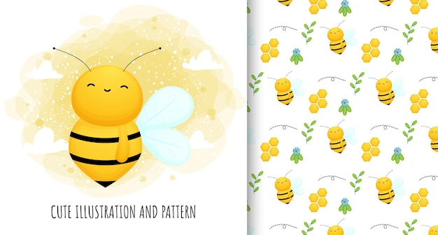 かわいい蜂のイラストとパターン プレミアムベクター