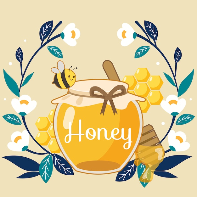 Premium Vector Cute Bees Flying On A Honey Jar In A Flower Wreath 