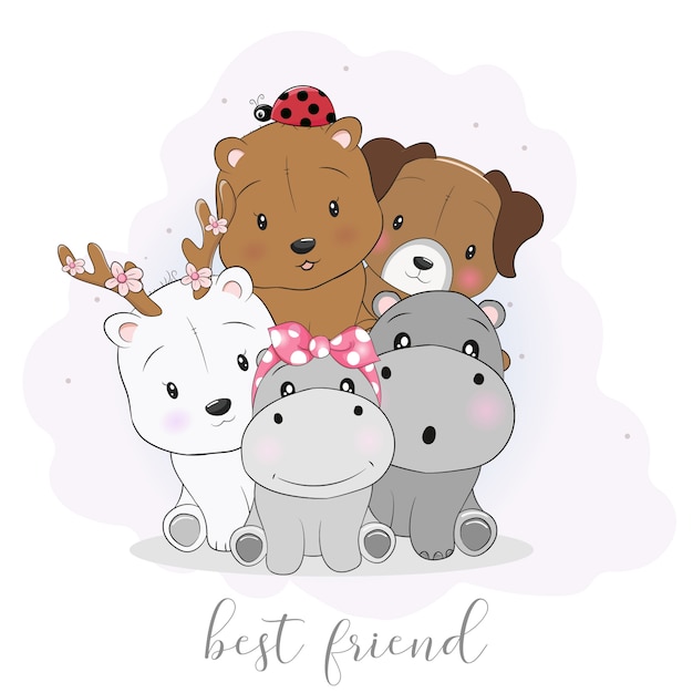 Download Cute best friend cartoon animals Vector | Premium Download