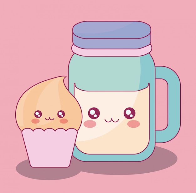 かわいい飲み物瓶とカップケーキかわいいキャラクター プレミアムベクター