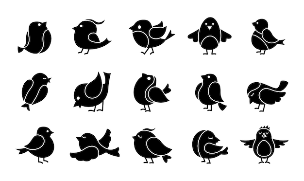 かわいい鳥のグリフ漫画セット 黒い小鳥 さまざまなポーズ 飛んでいます 幸せなキャラクター 手描きフラット抽象的なアイコン モダントレンディ プレミアムベクター