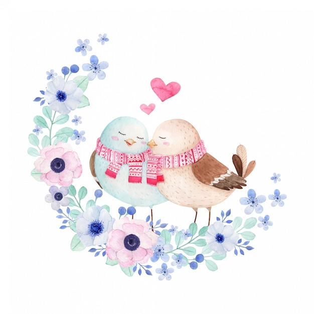 フローラルリースと恋の水彩イラストのかわいい鳥 プレミアムベクター
