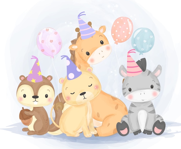 かわいい誕生日動物イラスト プレミアムベクター