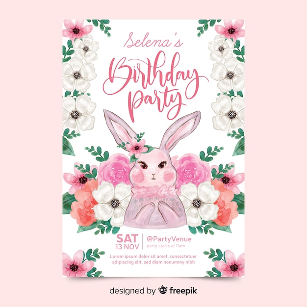 Free Vector Cute Birthday Invitation With Rabbit