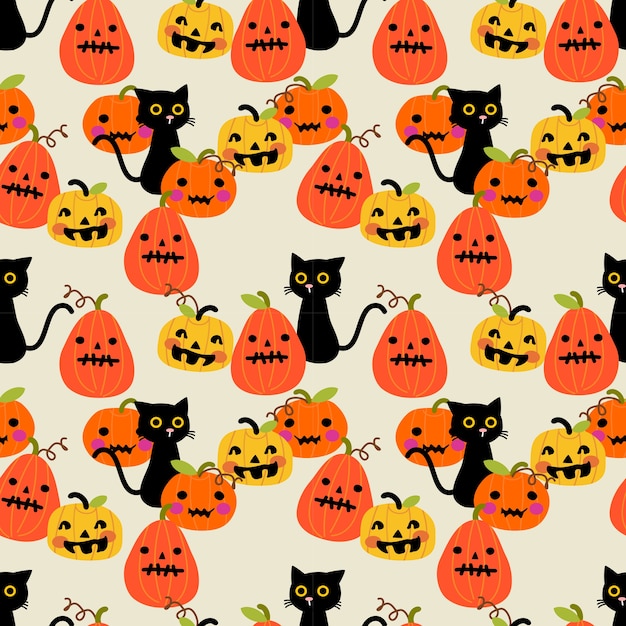 Premium Vector | Cute black cat and halloween pumpkin seamless pattern.