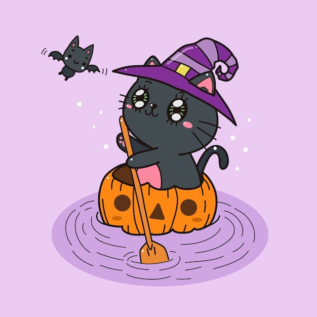 Premium Vector Cute Black Cat With Pumpkin On The Water Halloween Cartoon