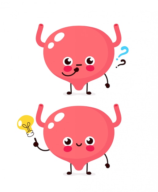 疑問符と電球文字のかわいい膀胱 フラット漫画キャライラストアイコン 白で隔離 膀胱にアイデアがある プレミアムベクター