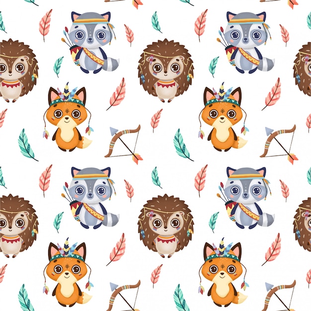 Cute boho animals and feathers seamless pattern Premium Vector