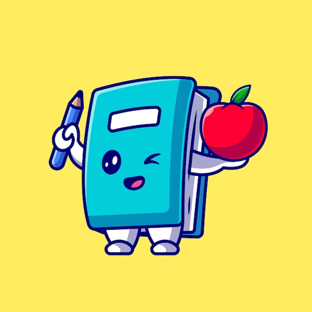 Download Premium Vector | Cute book holding pencil and apple cartoon icon illustration.