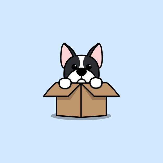 ボックス漫画アイコンでかわいいボストンテリア犬 プレミアムベクター