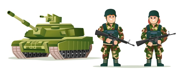 戦車の漫画イラストで武器銃を保持しているかわいい男の子と女の子の軍の兵士 プレミアムベクター