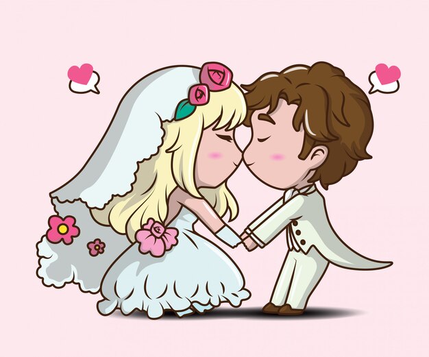 かわいい男の子と女の子の結婚式でキスします バレンタインの日の概念 プレミアムベクター