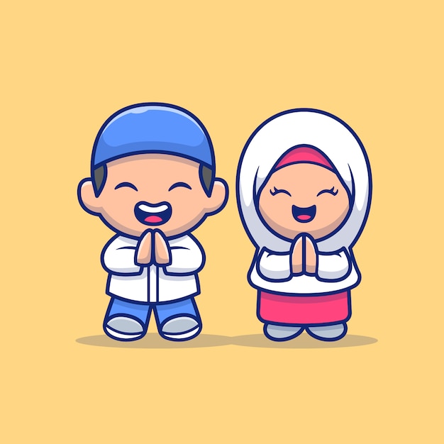 かわいい男の子と女の子のイスラム教のアイコンイラスト ラマダンマスコットの漫画のキャラクター プレミアムベクター