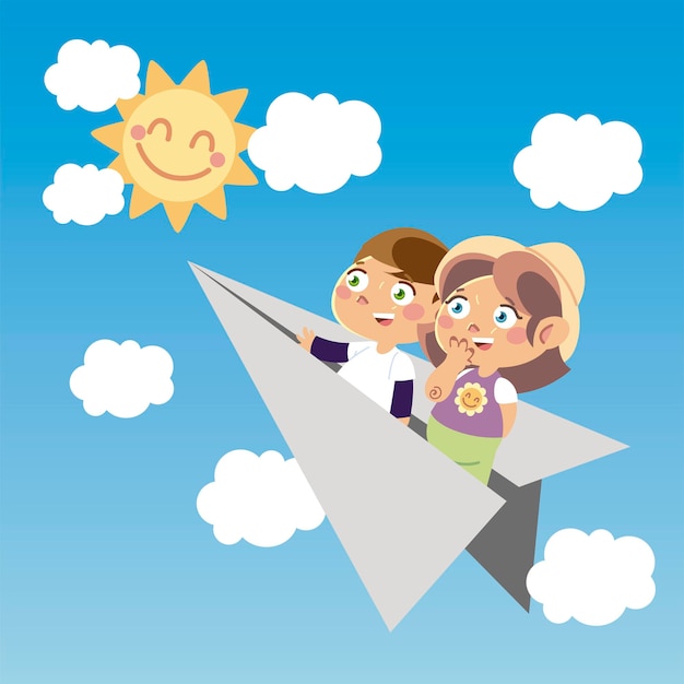 紙飛行機の漫画 子供のイラストのかわいい男の子と女の子 プレミアムベクター